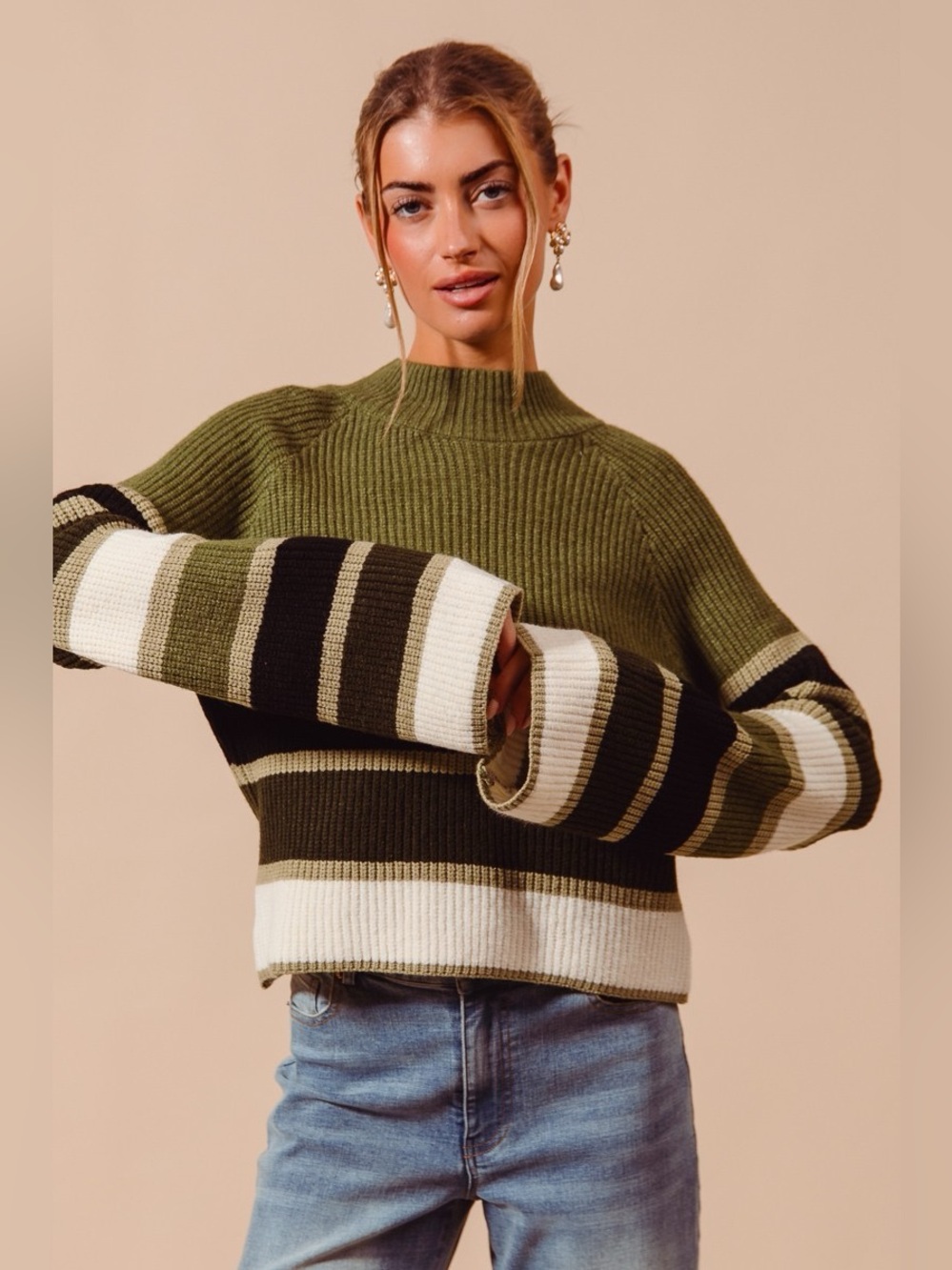 SO ME Multi Color Striped Mock Neck Sweater
